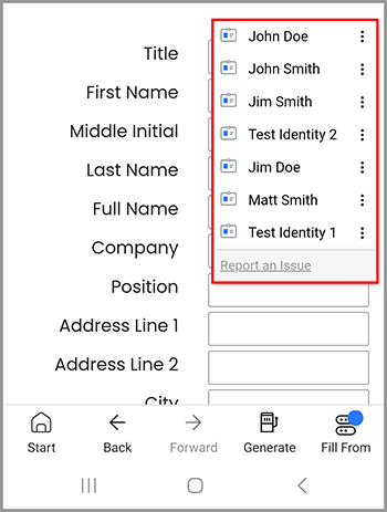 Select the Identity you would like to fill from.