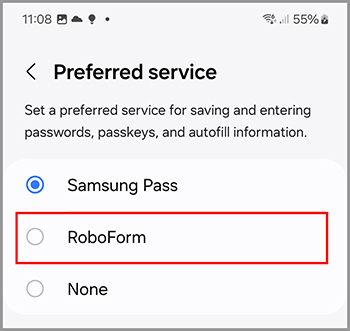 The Preferred service page Android.