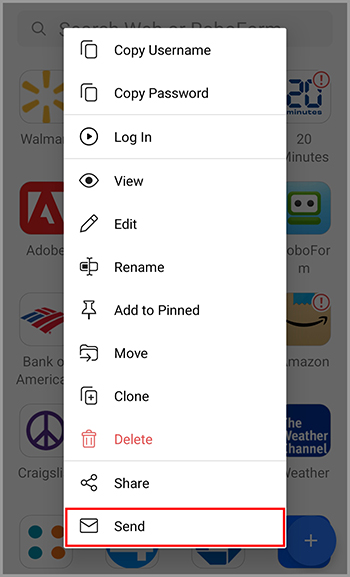 The option to Send a RoboForm item Android.
