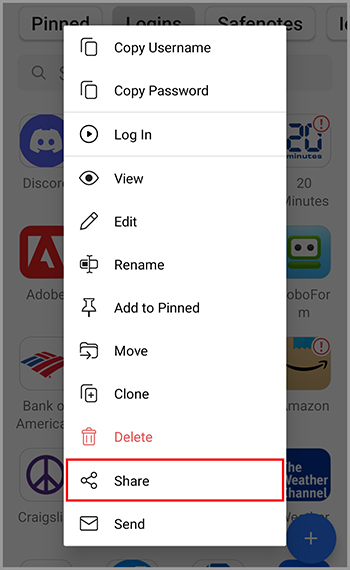 The option to share an item Android.