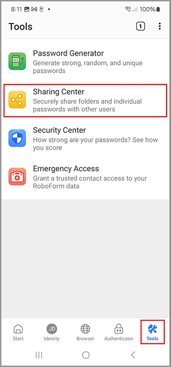 Sharing Center in the Tools tab Android.