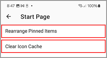 The Start Page tab in the Settings menu on Android.