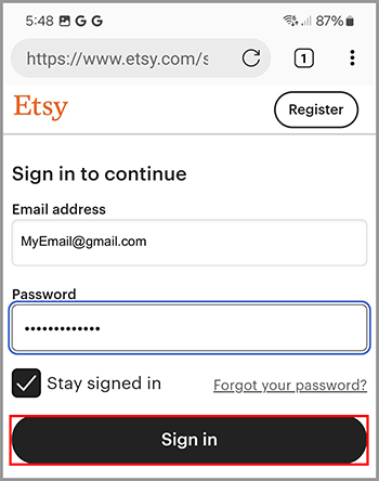 Signing in to a site.