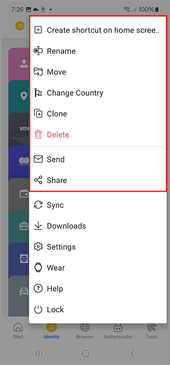The available options for an Identity Android.