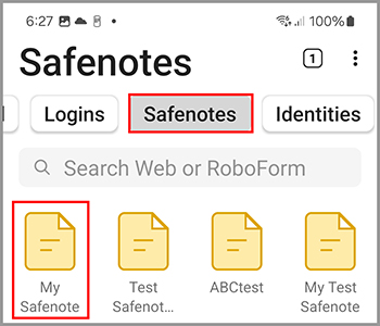 A Safenote in the Safenote tab Android.