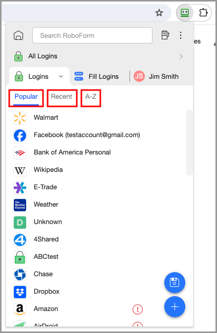 Filters in the RoboForm extension.