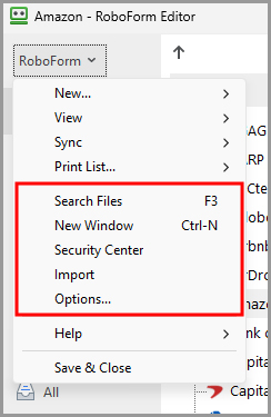 various options within the RoboForm menu in the RoboForm editor.